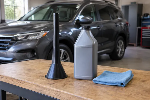 Clean long-neck funnel beside a transmission fluid bottle in an automotive workspace