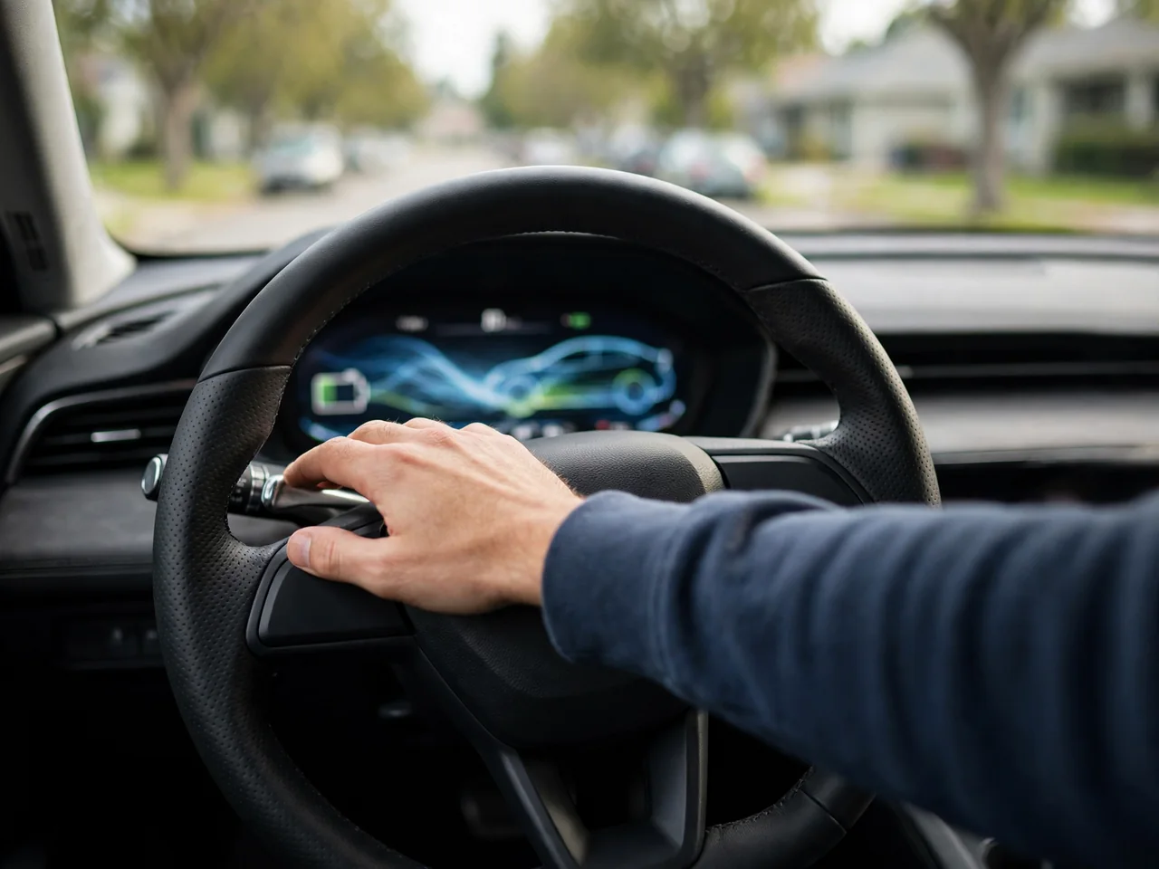 Driver's hand near a steering-wheel deceleration paddle in a Honda hybrid, with the energy-flow display in view