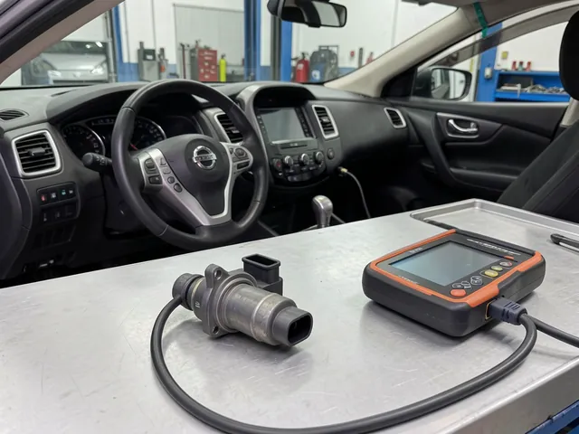 Oxygen sensor beside a Nissan vehicle with diagnostic equipment in a service bay