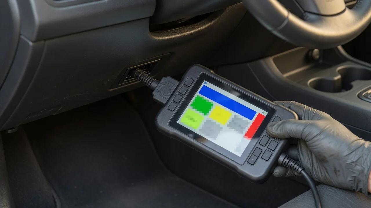 Handheld OBD-II scan tool plugged into a car's diagnostic port, reading a stored trouble code