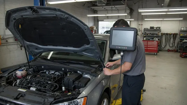 Technician reviewing diagnostic scan data for a P0132 oxygen sensor circuit code