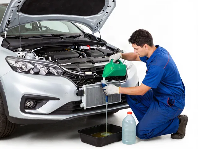 Home mechanic pouring fresh coolant into a car radiator through a funnel with a drain pan of old coolant on the garage floor