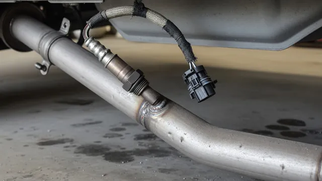 Oxygen sensor installed in an exhaust pipe, with its metal housing and wiring connector visible
