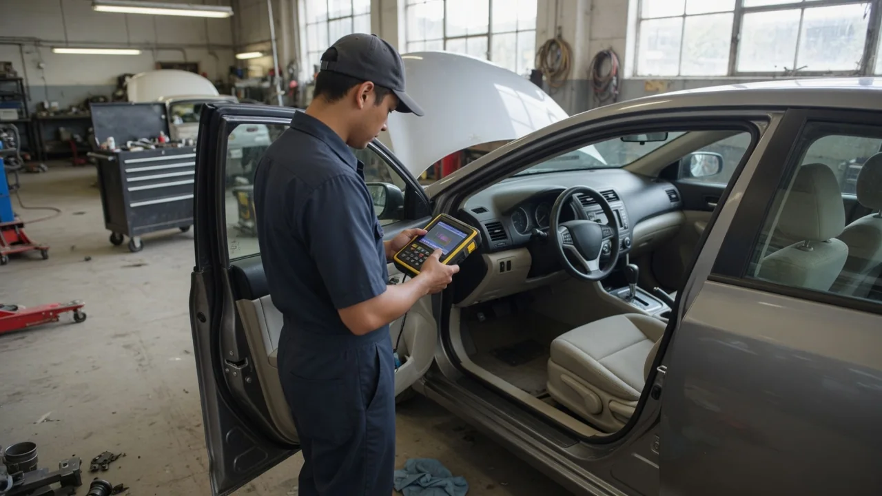 Technician reviewing vehicle communication fault codes on a diagnostic scan tool