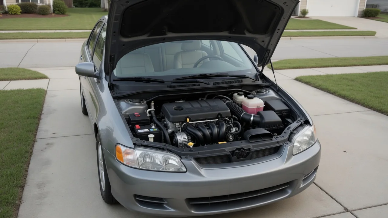 Parked car with its engine off and hood open for a visual inspection of the engine compartment