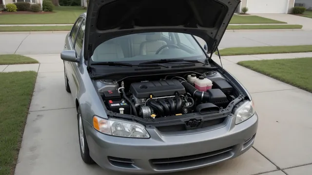 Parked car with its engine off and hood open for a visual inspection of the engine compartment