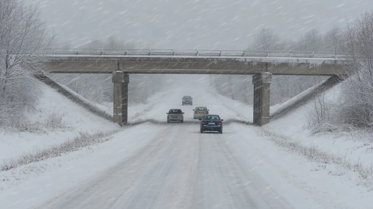Snow-covered road approaching a bridge with blowing snow and limited visibility