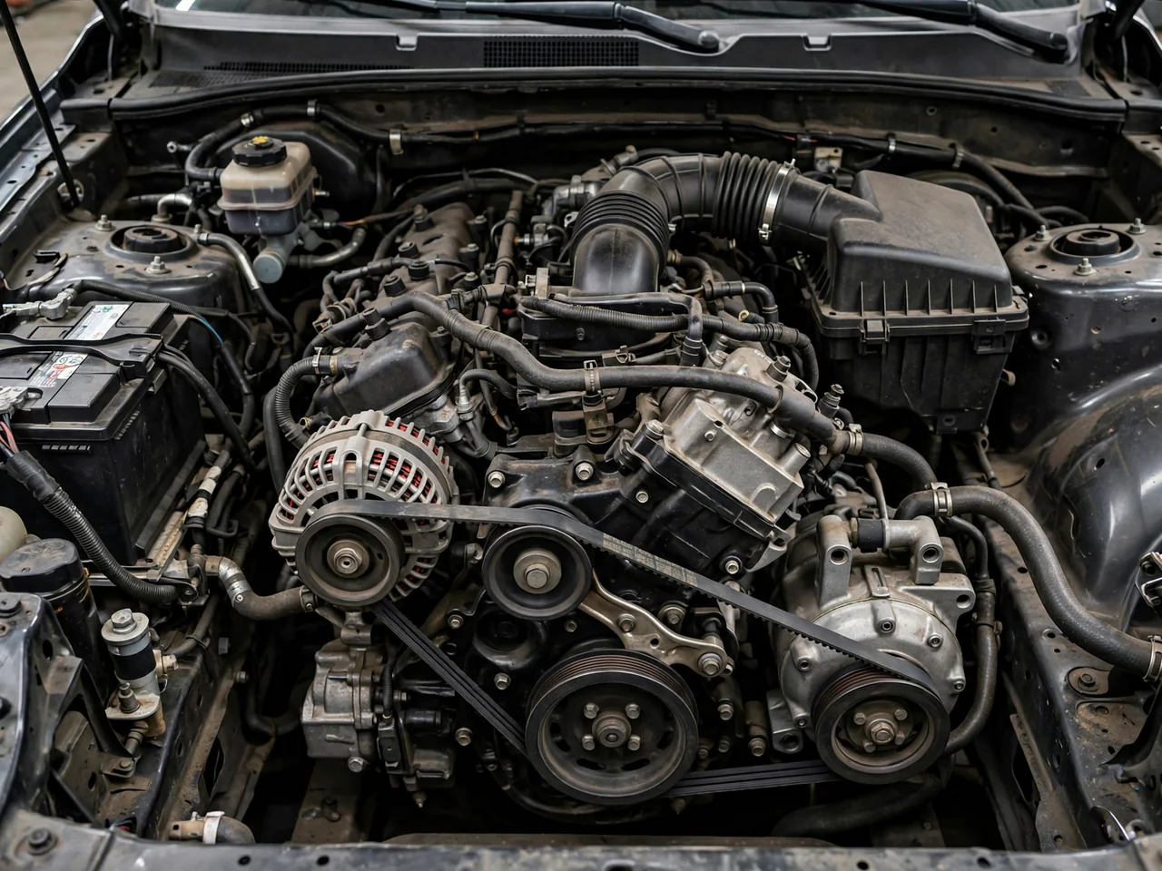 Automotive AC compressor pulley and drive belt visible in an engine bay with the engine off