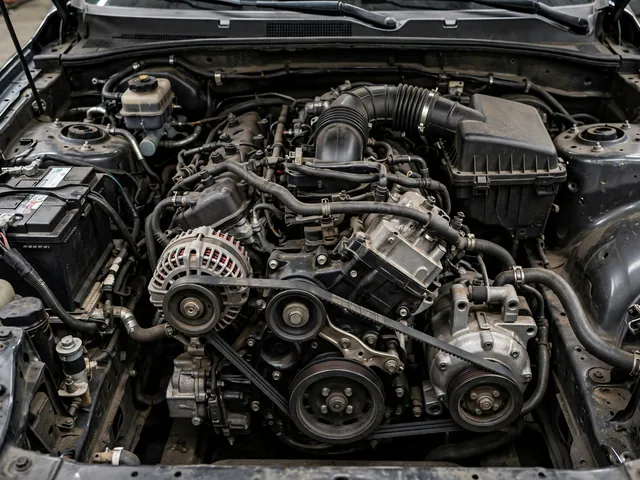 Automotive AC compressor pulley and drive belt visible in an engine bay with the engine off