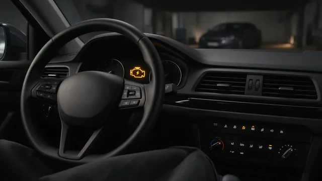 Illustration of an Audi dashboard with an illuminated amber check engine symbol