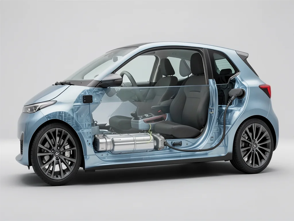 Illustration of an EV battery pack beneath a vehicle floor with capacity, dimensions, and weight symbols