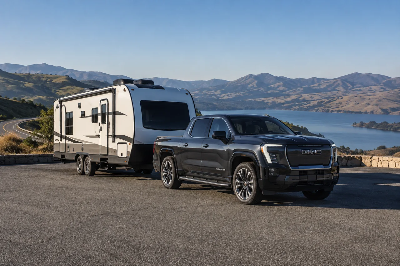 GMC Sierra EV parked beside a highway overlook with a travel trailer attached