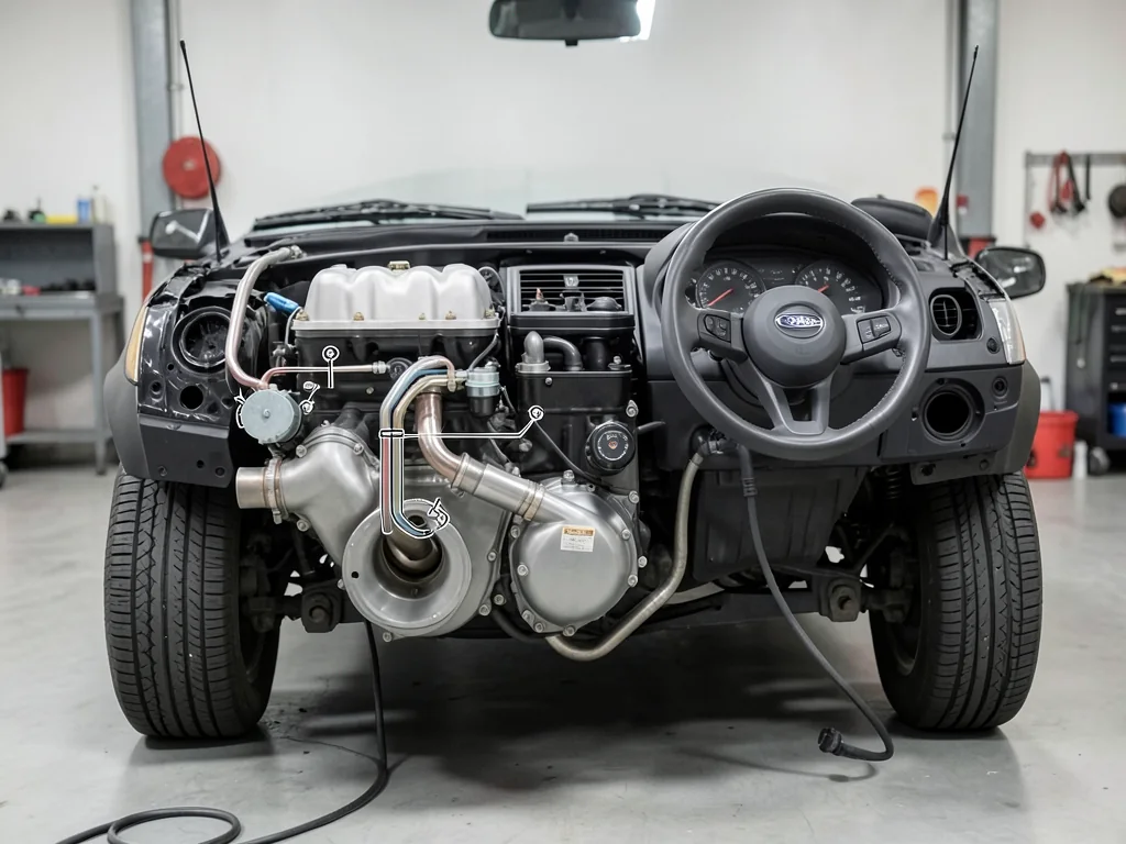 Illustration of a Subaru boxer engine with oxygen sensor positions marked along a schematic exhaust