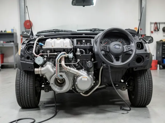 Illustration of a Subaru boxer engine with oxygen sensor positions marked along a schematic exhaust