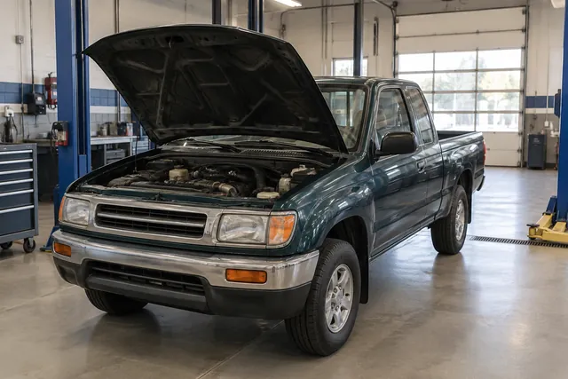 1996 Toyota Tacoma with its hood open for a fuel filter inspection