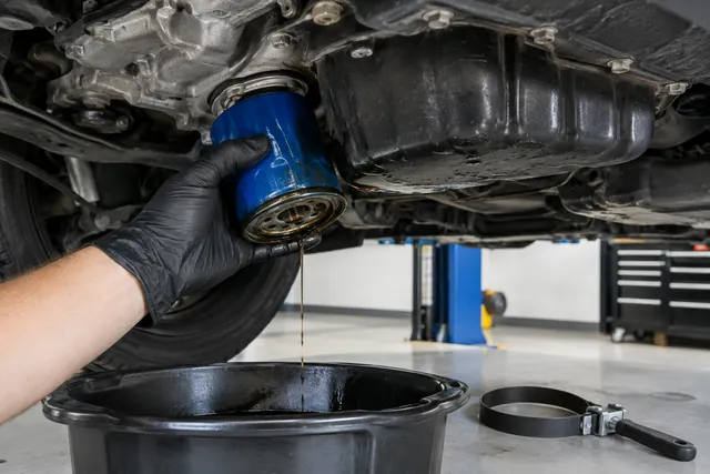 Gloved hand unscrewing a spin-on oil filter under a car with a drain pan beneath it