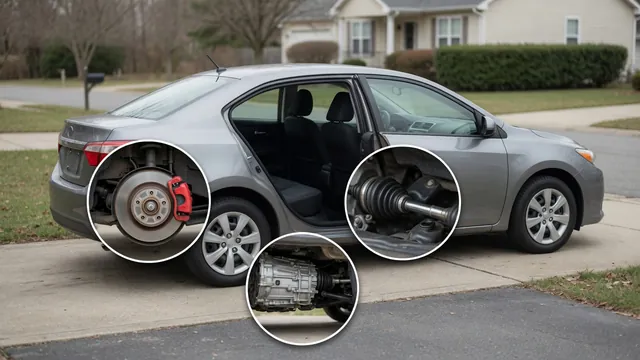 Car positioned to reverse from a driveway, with detail insets of a brake, axle, and transmission