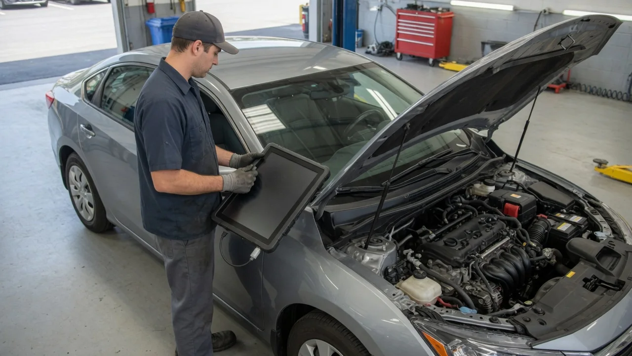 Technician reviewing diagnostic scan results beside a parked vehicle with its hood open