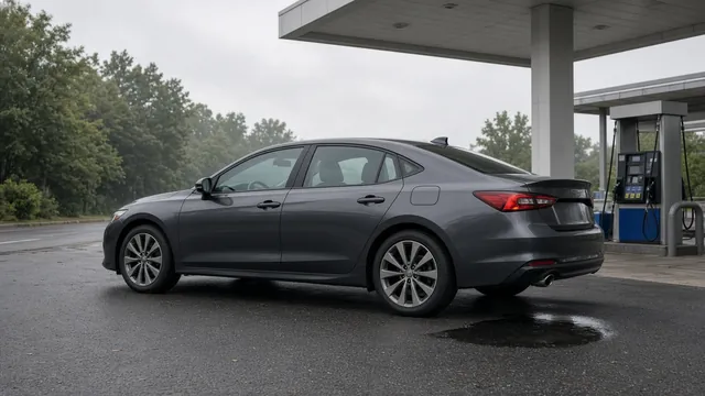Parked car with a small puddle beneath the rear and a fuel pump in the background