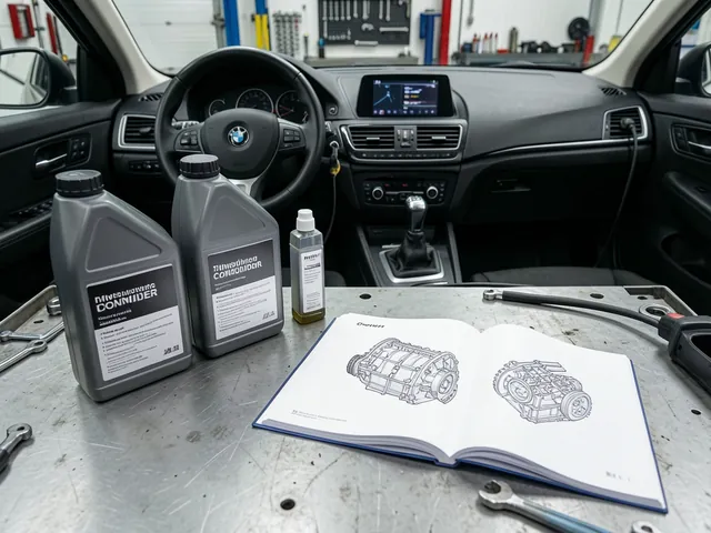 Unbranded transmission fluid bottles beside an owner’s manual and a transmission diagram