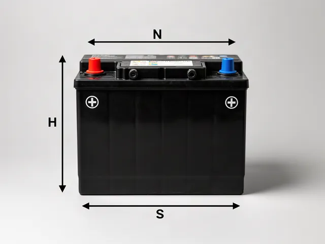 Automotive battery with visible terminal markings and dimension arrows on a neutral background