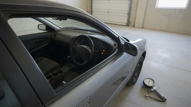 Ford dashboard displaying a tire pressure sensor fault message beside a parked vehicle's tire