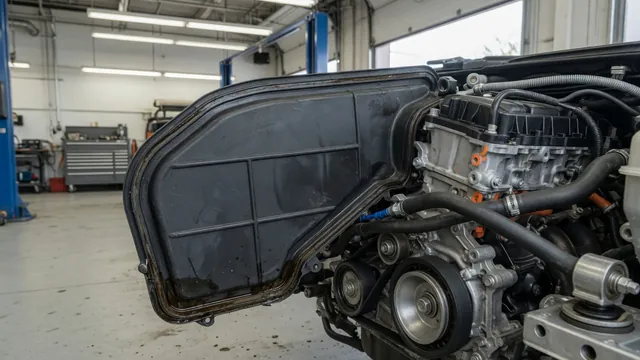 Timing belt cover on an engine with oil staining near its outer edge