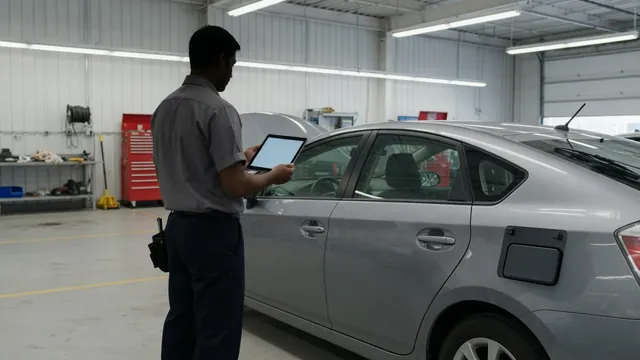 Technician reviewing hybrid battery diagnostic data on a tablet beside a parked car