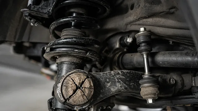 Front suspension of a car on a lift, showing the strut, control arm bushing and sway bar link
