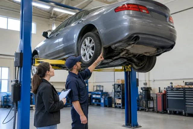 Mechanic showing a prospective buyer the underside of a used car raised on a lift during a pre-purchase inspection