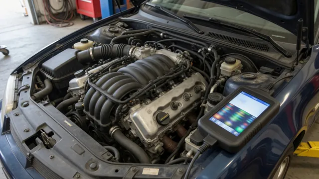 V-type engine bay with a scan tool on the fender displaying fuel trim data while diagnosing a P0174 lean code