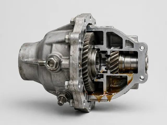 Differential housing with the fill plug and lower drain plug clearly identified