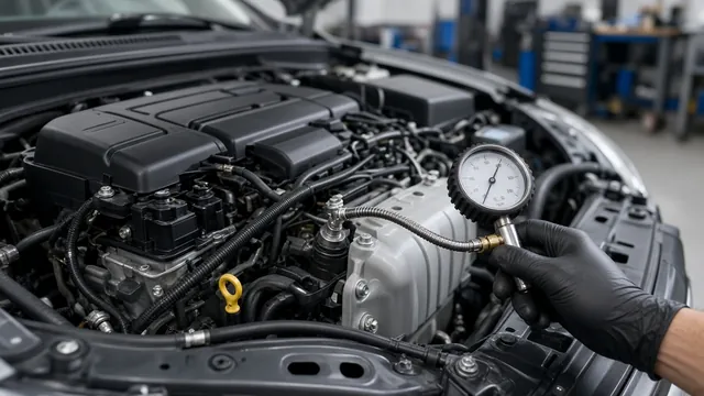 Technician running a compression test on a car engine to check whether a rough idle has a mechanical cause
