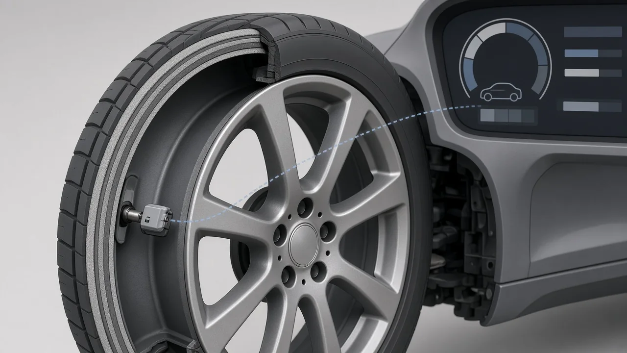 Cutaway of a car wheel showing a TPMS sensor on the valve stem inside the tire, sending a signal to a dashboard pressure display