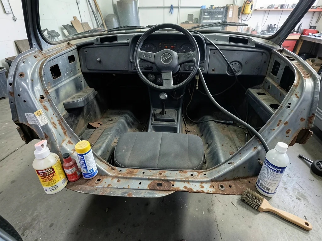 Surface rust on an unpainted steel car panel beside a rust remover spray, gel, and hand brush.