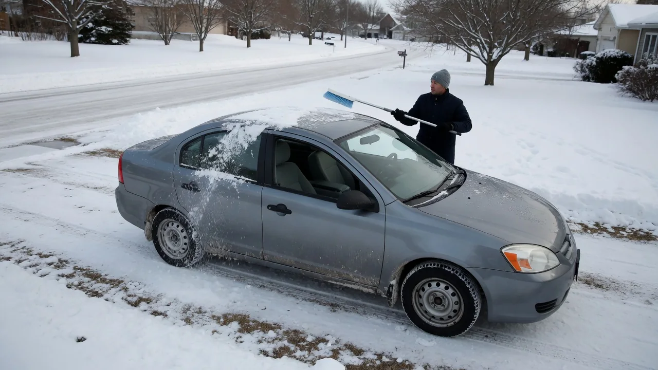 A driver gently clearing loose snow from a parked car with a foam snow tool on a winter driveway.