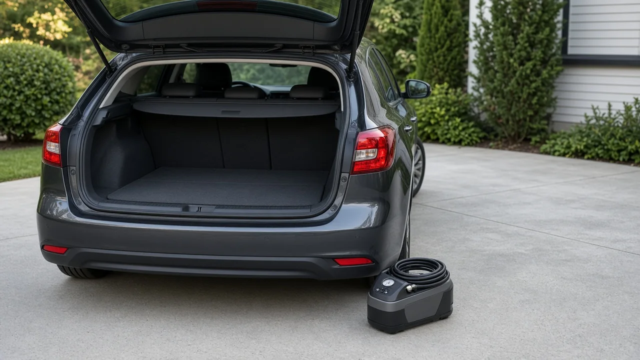 Mini Cooper parked with its rear hatch open and a portable tire inflator beside the cargo area