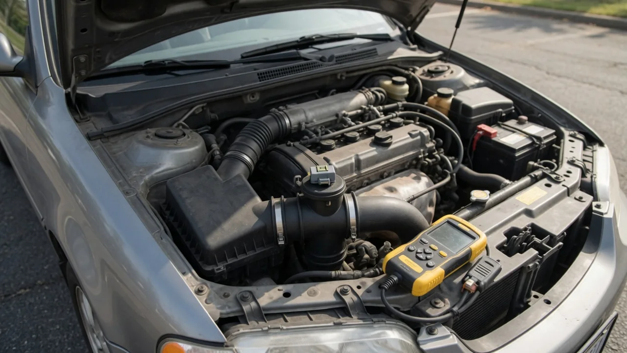 Scan tool displaying MAF live data beside an engine bay with the mass air flow sensor identified