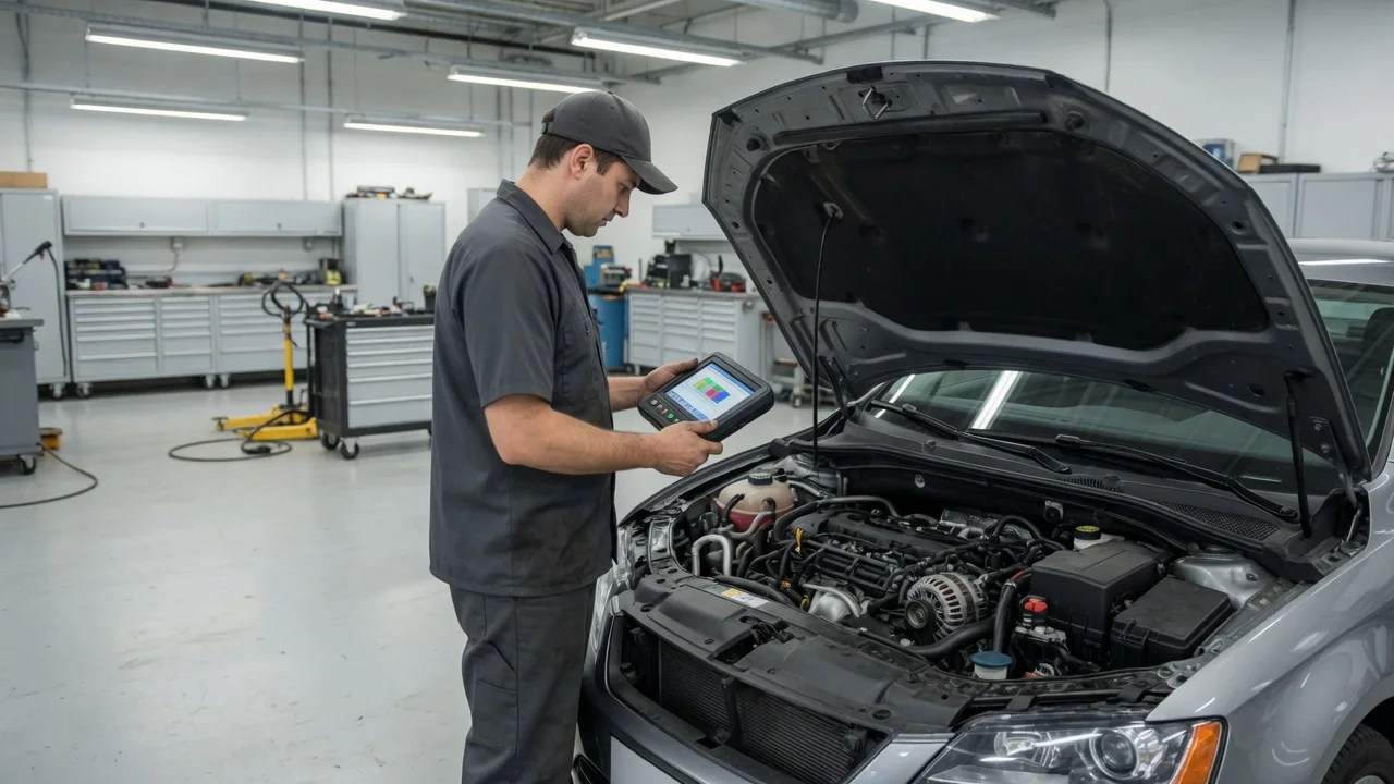 Technician reviewing knock sensor fault codes on a scan tool beside an open engine bay