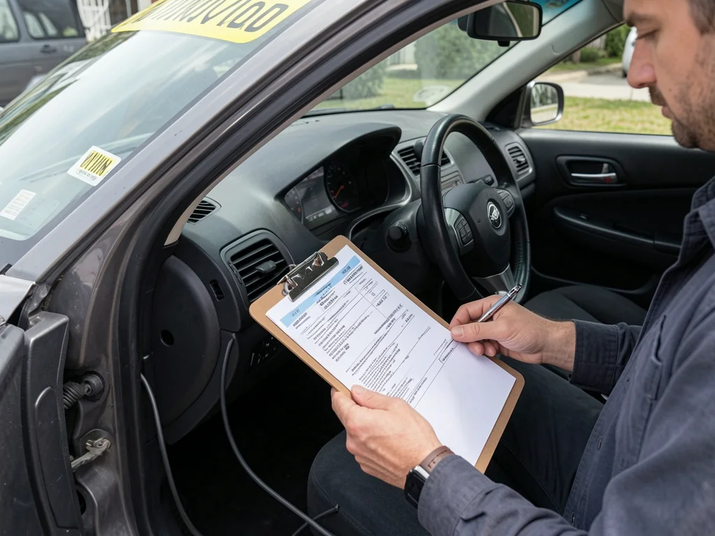 Buyer checking a vehicle title and VIN beside a parked used car