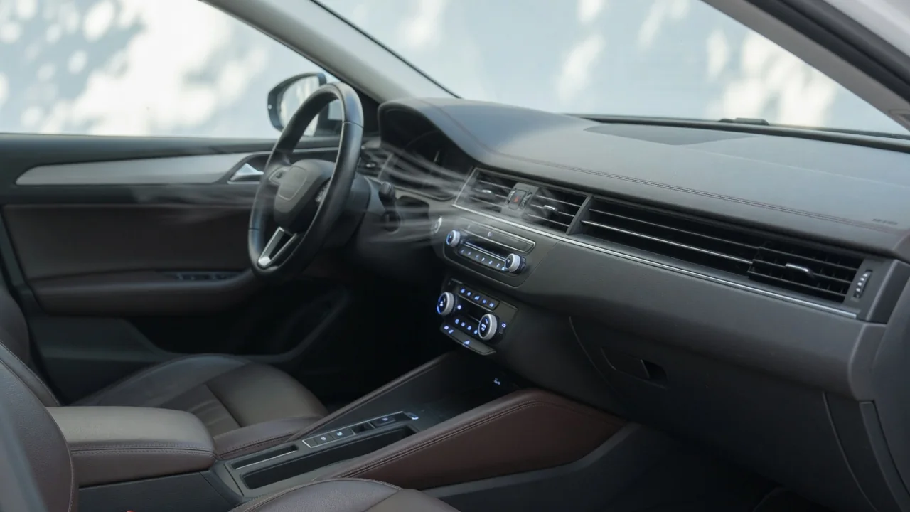 Car dashboard air vents and AC controls with airflow illustrated near the vent