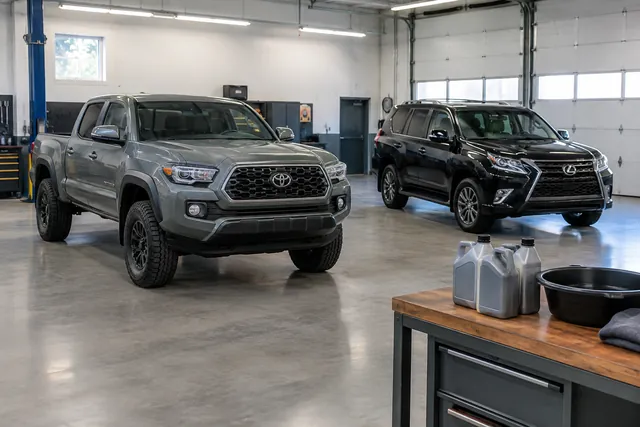 Toyota truck and Lexus GX in a service bay with differential fluid service supplies nearby