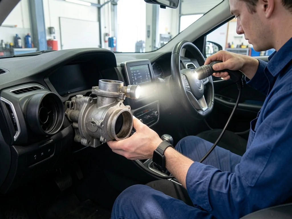 Technician inspecting a throttle body with a flashlight in an automotive service bay