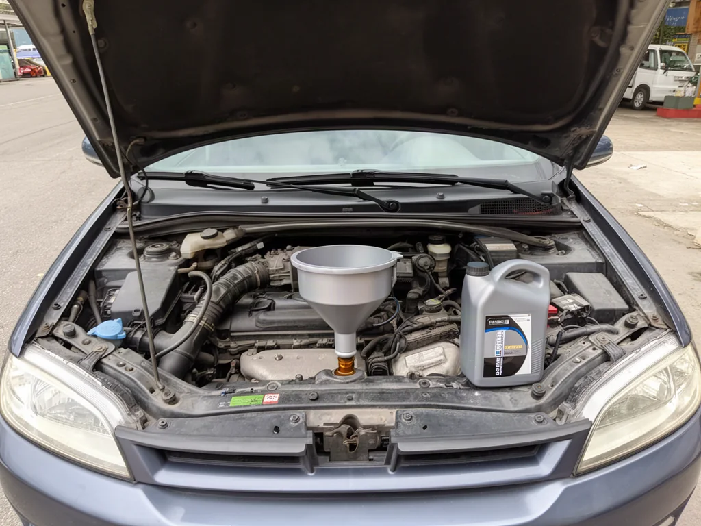 Clean funnel positioned in an engine oil filler opening with the engine off