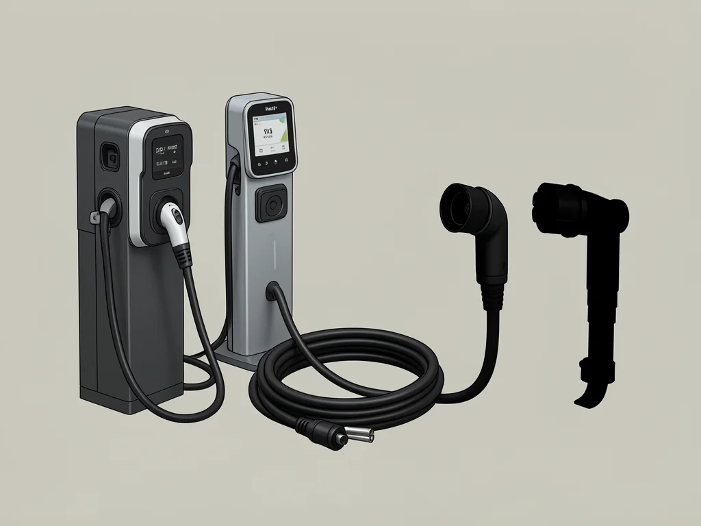 Illustration of EV charging connectors, a coiled charging cable, and a station with an attached cable