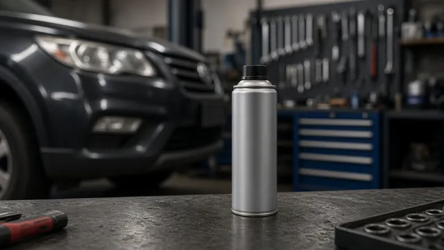 Capped brake cleaner can on a workbench beside a parked car with its engine off