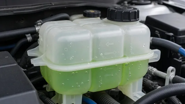 Coolant overflow reservoir with small bubbles in the coolant, cap closed, in a car engine bay