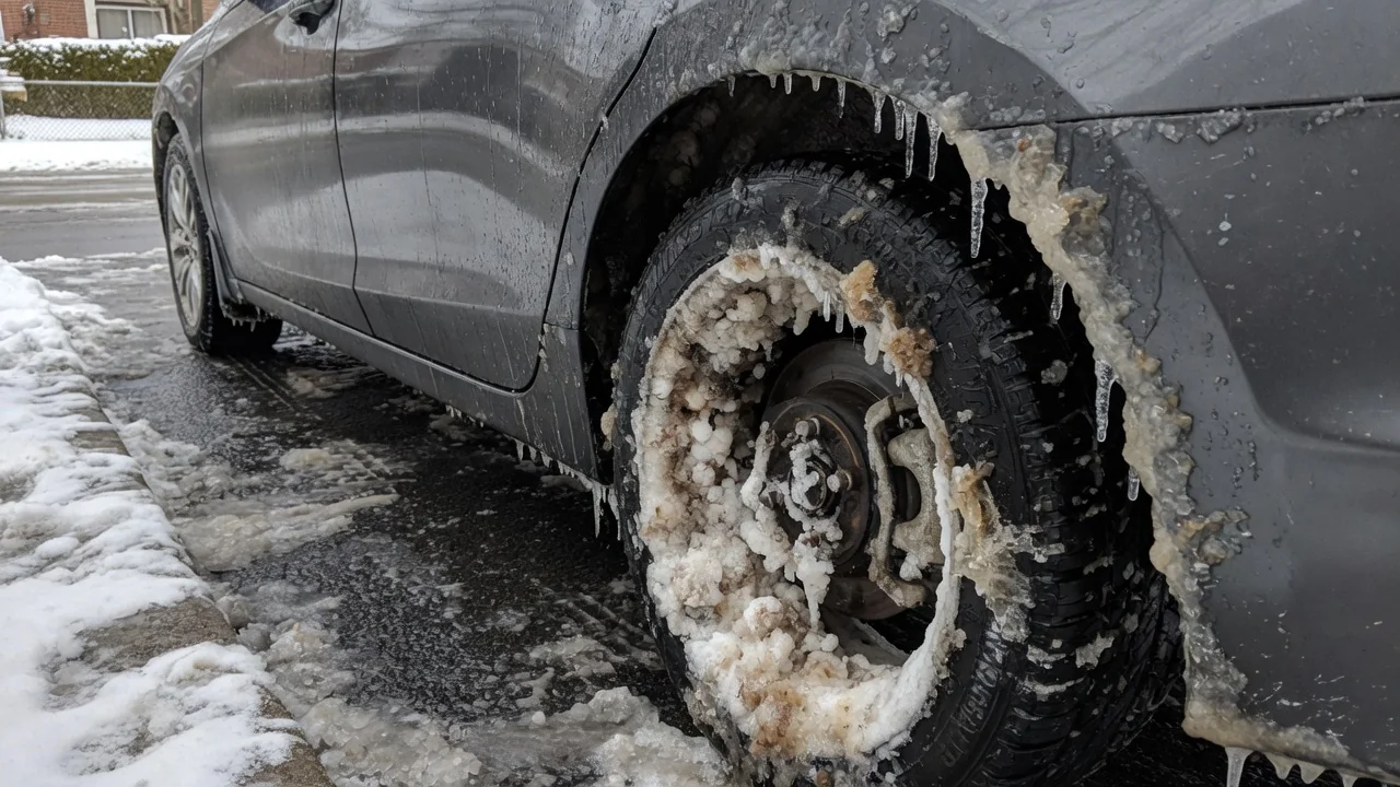 Automotive scene illustrating Why Does Ice Build Up Behind Car Wheels