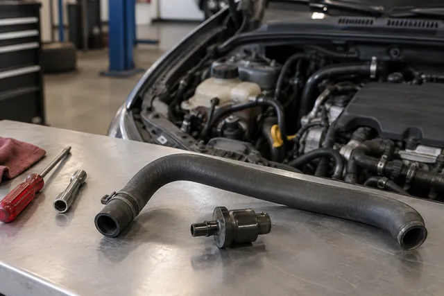PCV valve and ventilation hose beside an engine cover in an automotive workshop