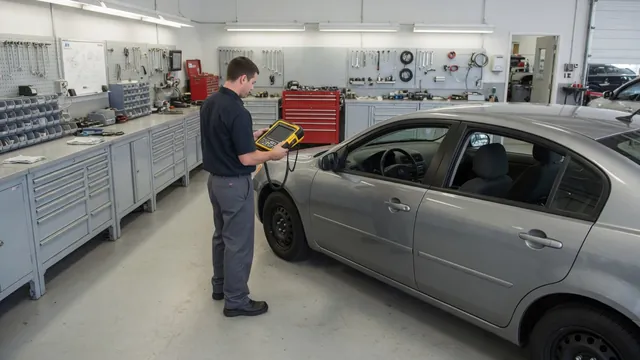 Technician reviewing fuel pump circuit fault codes on a scan tool beside a parked vehicle